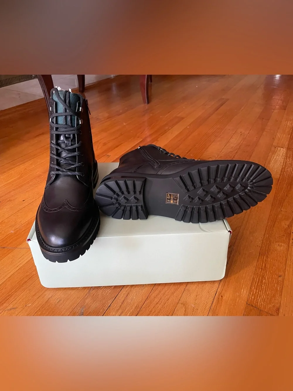 Ted Baker Black Leather Lace-Up Boots with Green Tongue Accents